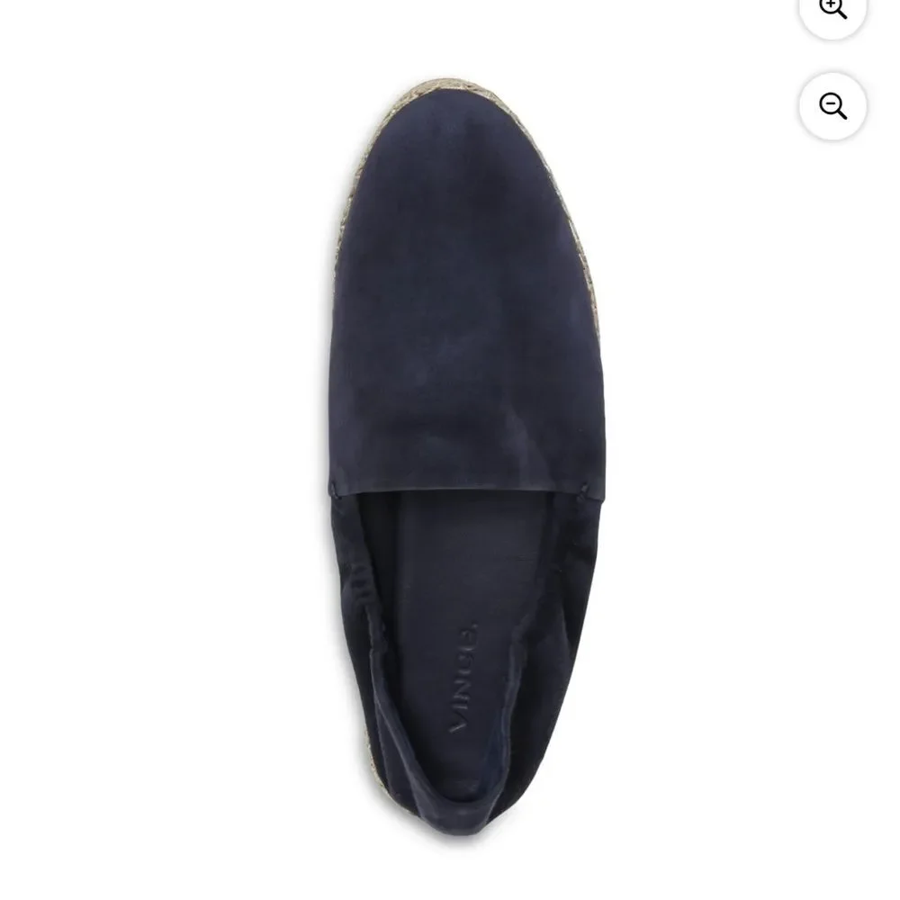 VINCE Womens Navy Leather Espadrille 37.5 Ruched Stretch Meryl Round Toe Slip On